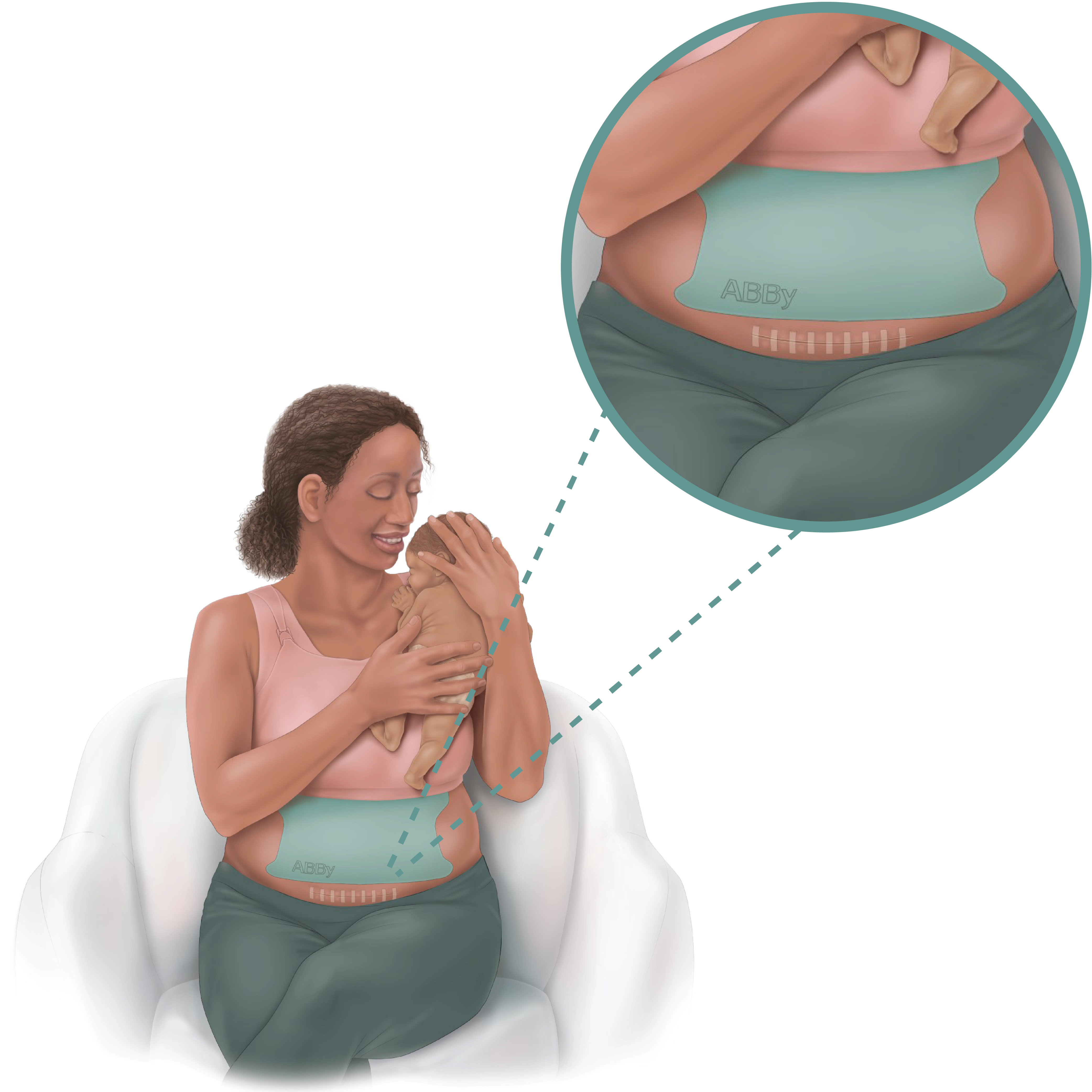 an illustration of a woman holding a baby with abby written on her stomach